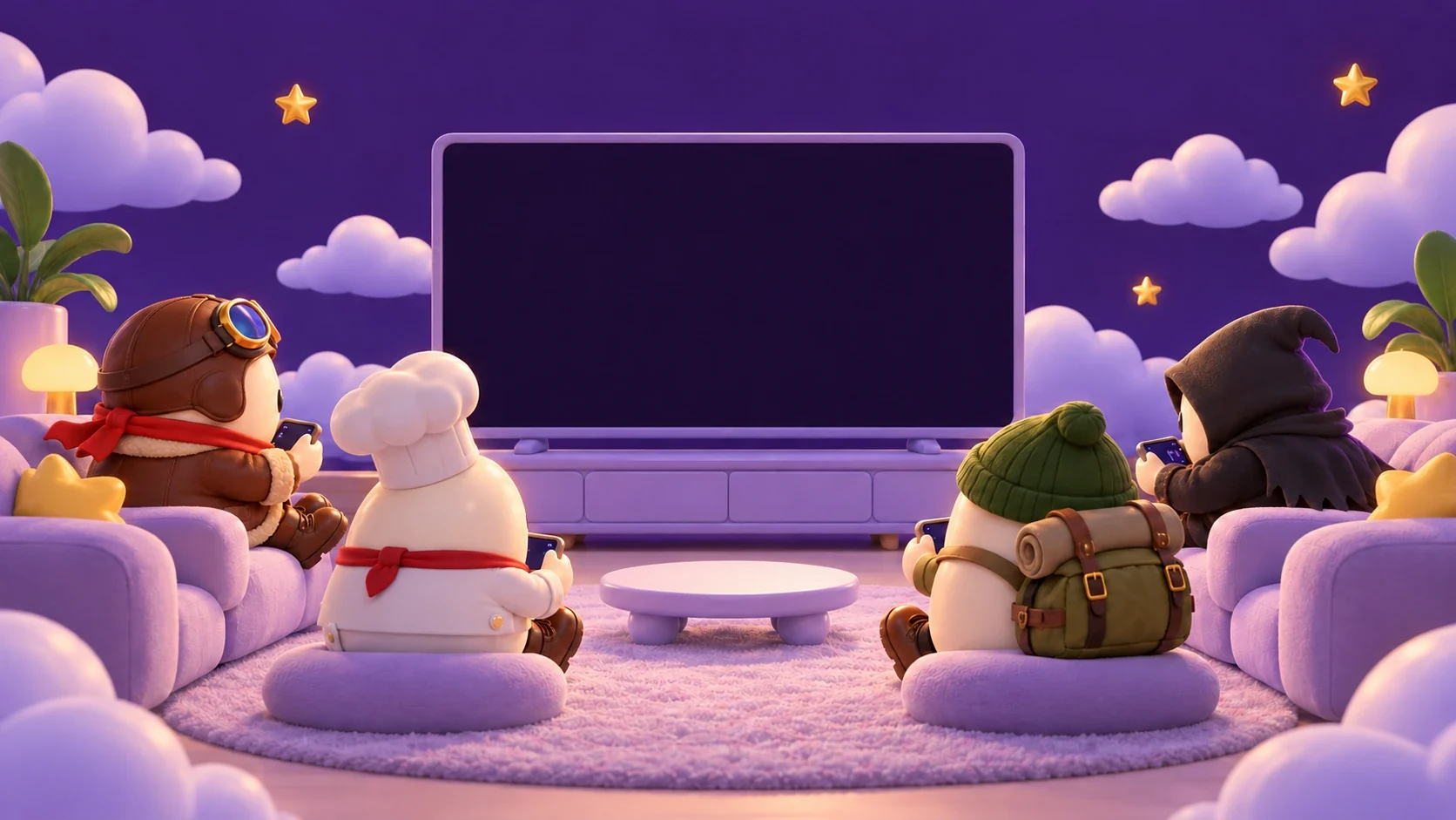 Four eggs on cushions around a TV playing Spoiled Egg in a purple lounge.