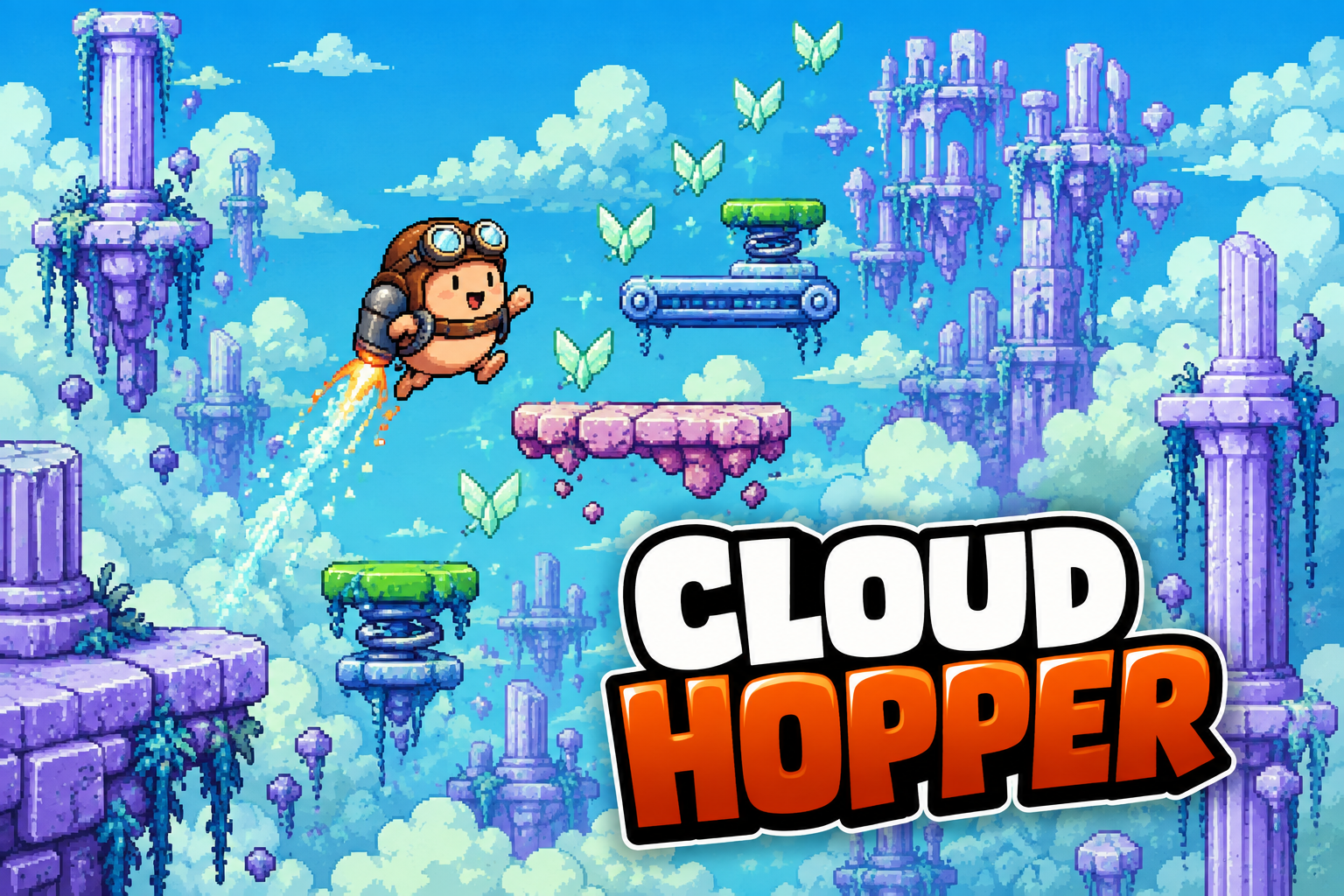 Cloud Hopper: an egg jumps between floating platforms in a pixel sky garden.
