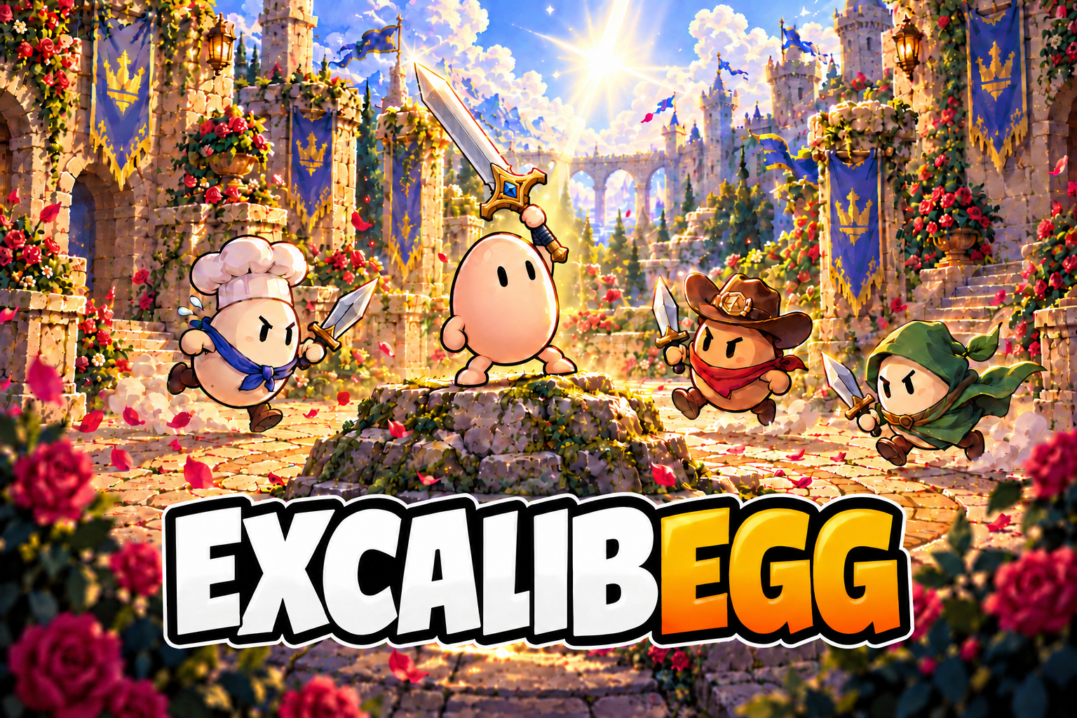 Eggs battle for the greatsword in Excalibegg's castle courtyard.