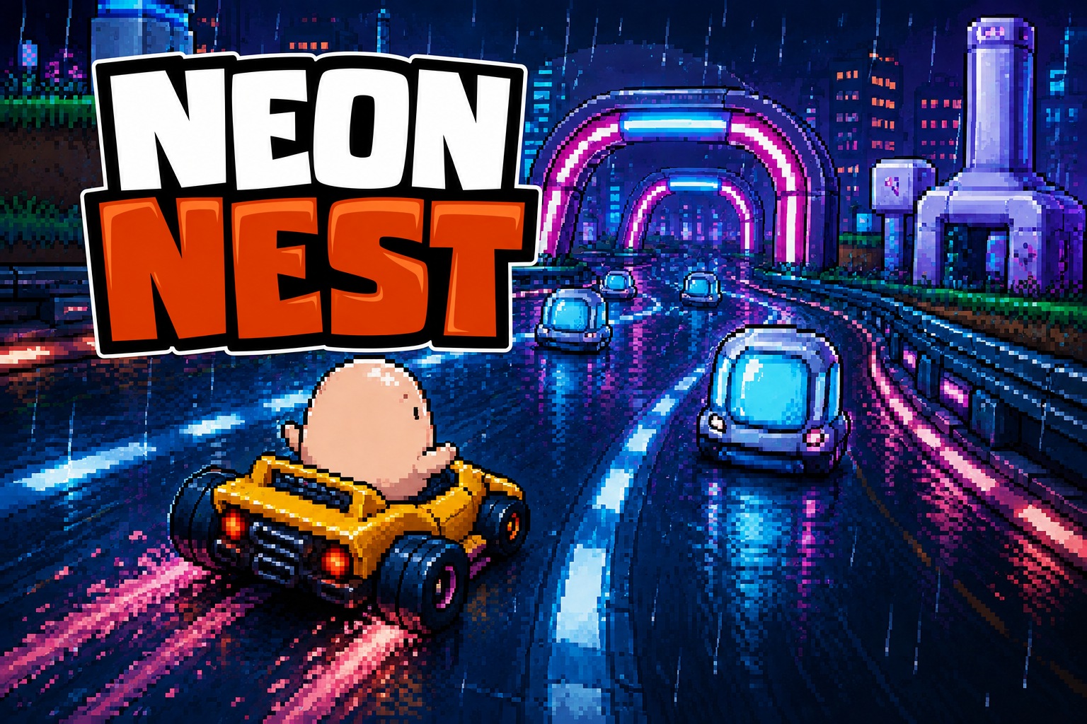 Neon Nest: karts race a rain-slick neon city track.