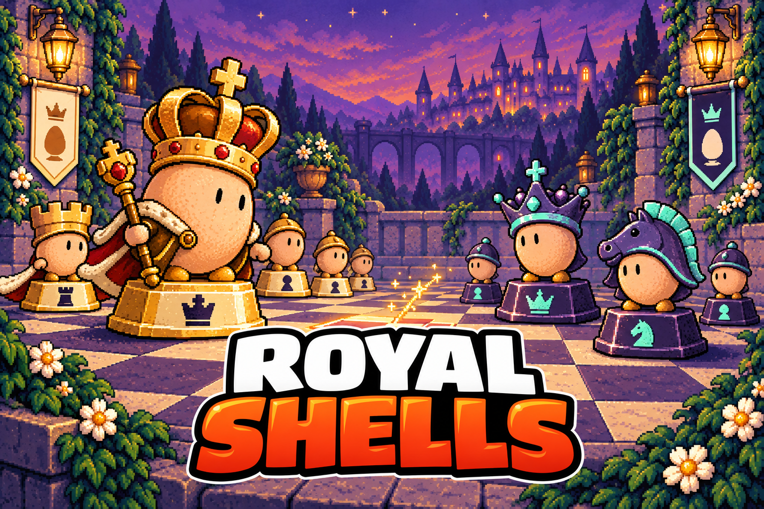 Royal Shells egg kings, queens and knights in a lantern-lit chess courtyard.