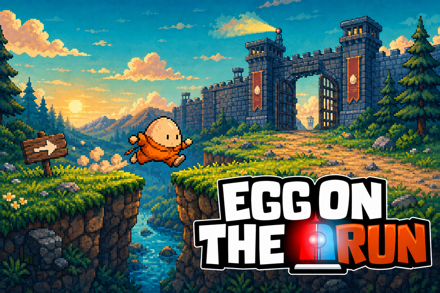 Egg on the Run: an egg flies past hazards over a pixel-art landscape.