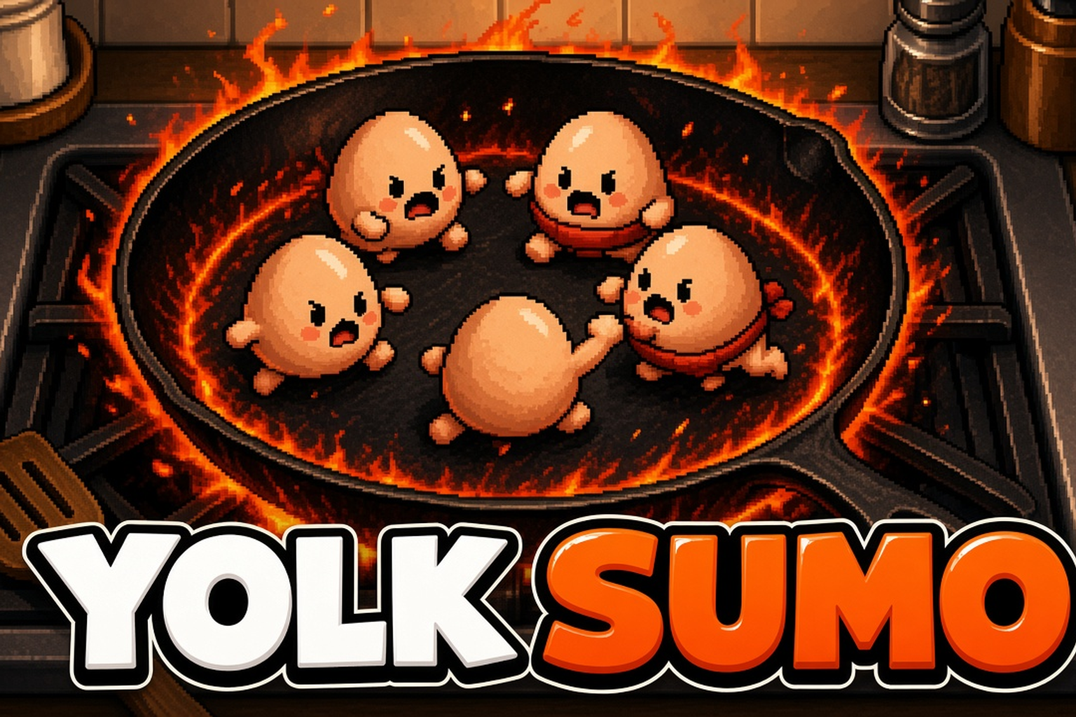 Yolk Sumo title over a crowded frying pan of eggs.