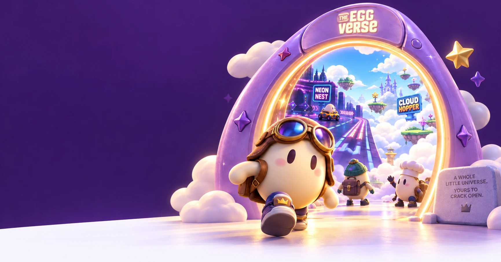 Three eggs, an aviator, an explorer and a chef, step through the glowing Eggverse portal from neon streets and floating cloud islands.