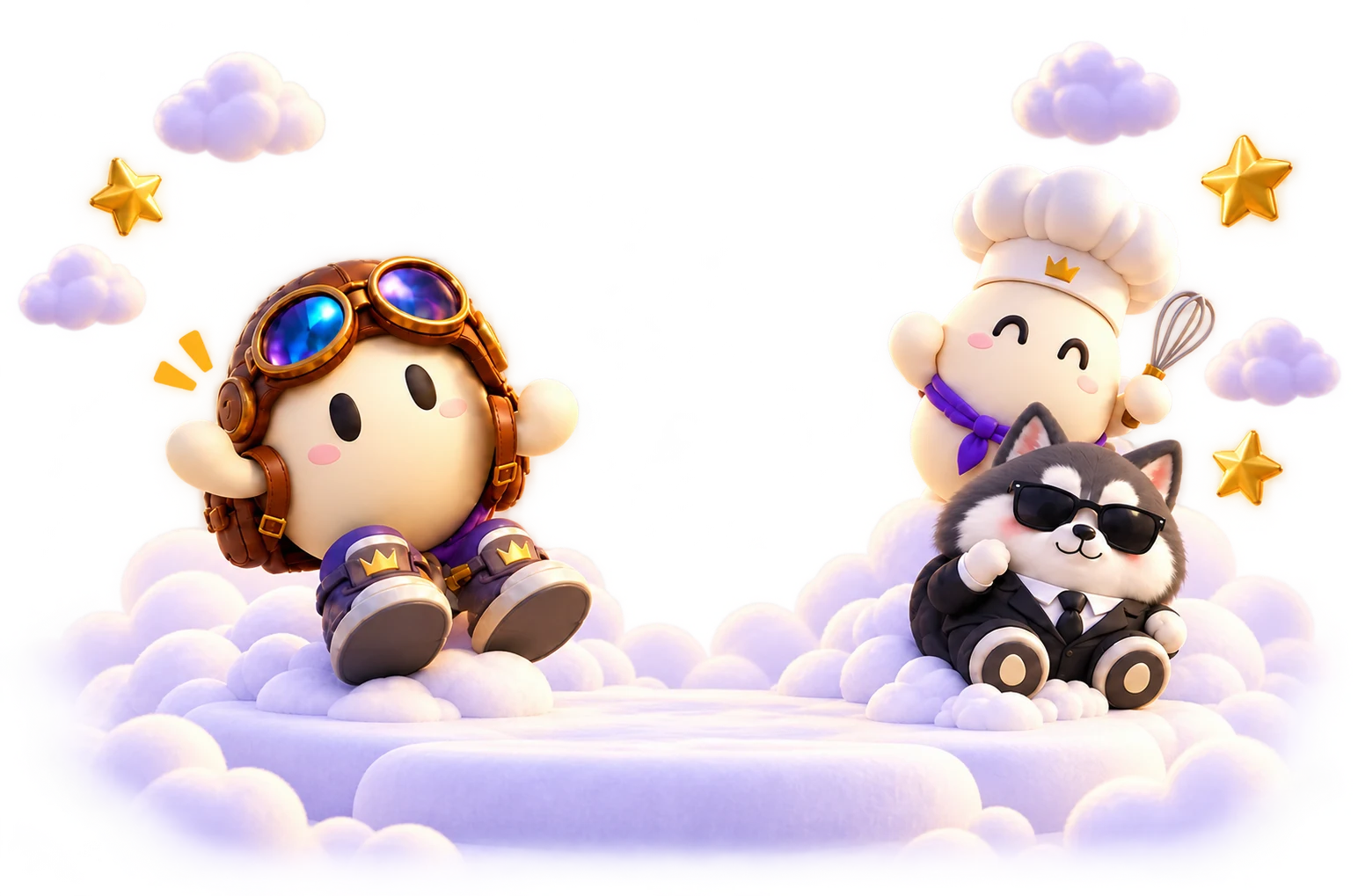The aviator egg, chef egg and Agent Woof welcome you from a fluffy cloud platform.