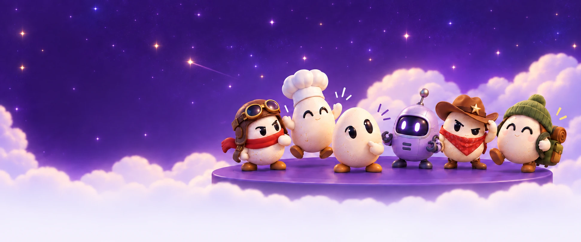 Six egg friends — an aviator, a chef, a happy egg, a robot, a cowgirl and a backpacker — on a purple platform among the clouds.