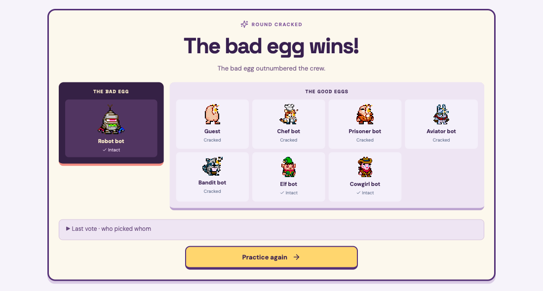 Bad Egg results screen showing the bad egg on the left and the good eggs on the right.
