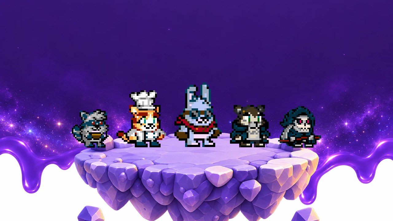 Trash Panda, Sous Purr, Captain Hop, Agent Woof and Soul Scrambler standing on a floating purple island