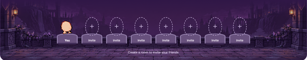 The Friends page party stage with the player's egg in the first seat and seven seats marked Invite.