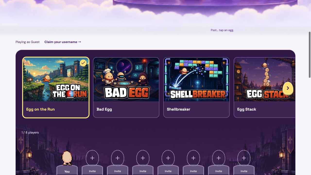 The Eggverse Friends page with game previews and empty egg slots for inviting friends.