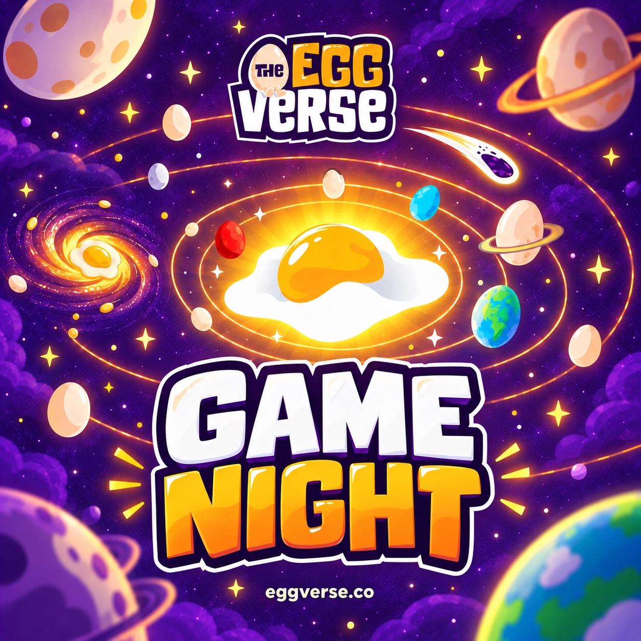 Eggverse Game Night: an egg sun and planets in a purple galaxy.