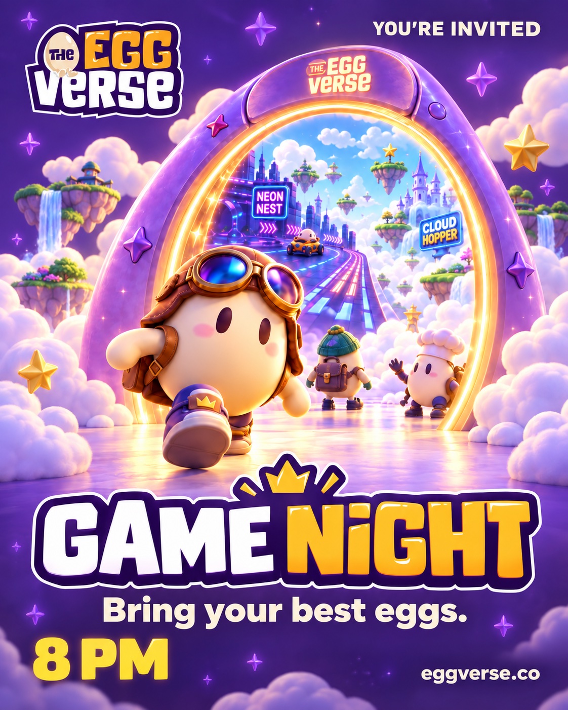 Eggverse Game Night poster: an aviator egg steps out of a glowing portal. Bring your best eggs. 8 PM.