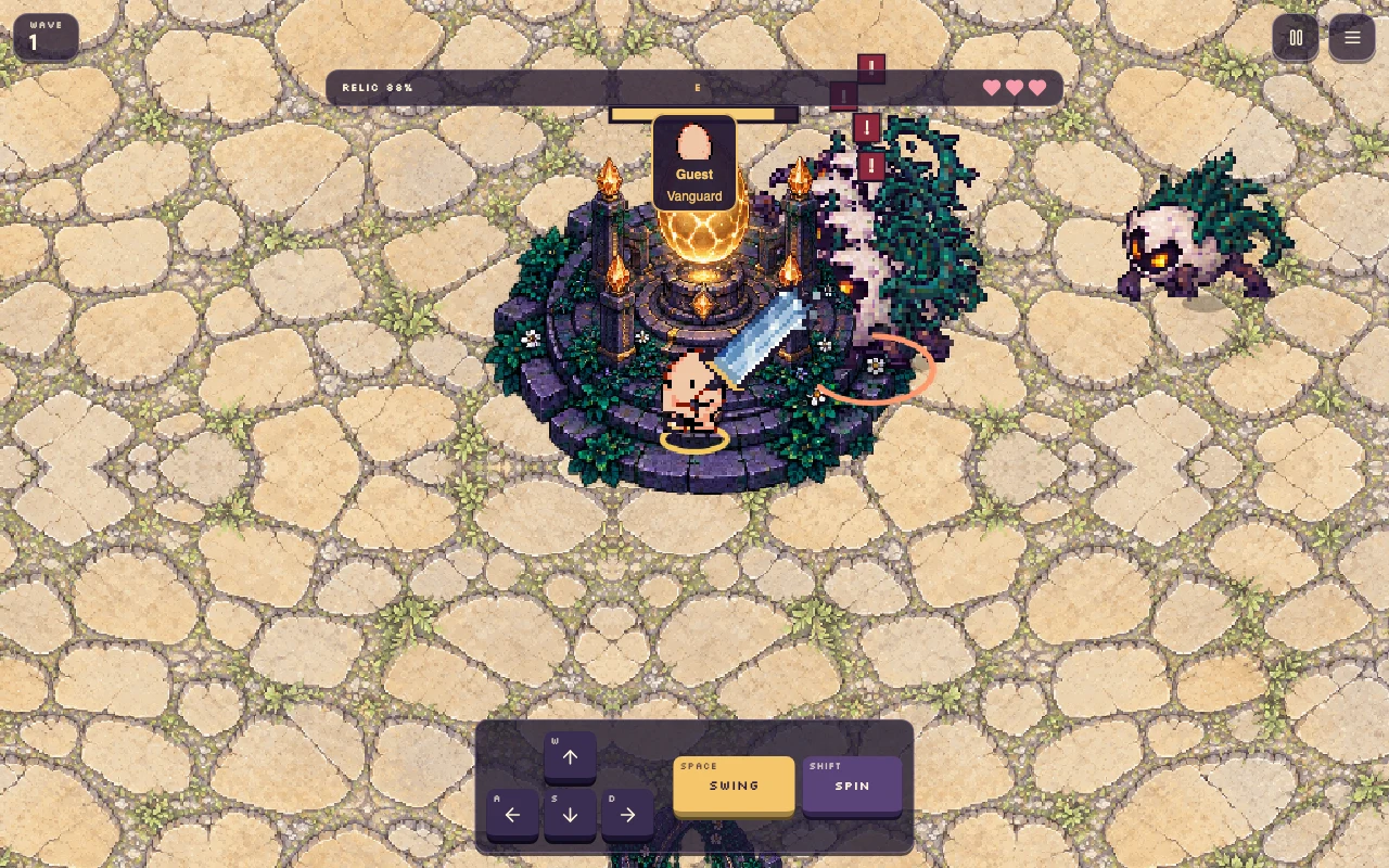 Shellbound solo gameplay: an egg protects the relic as enemies approach.