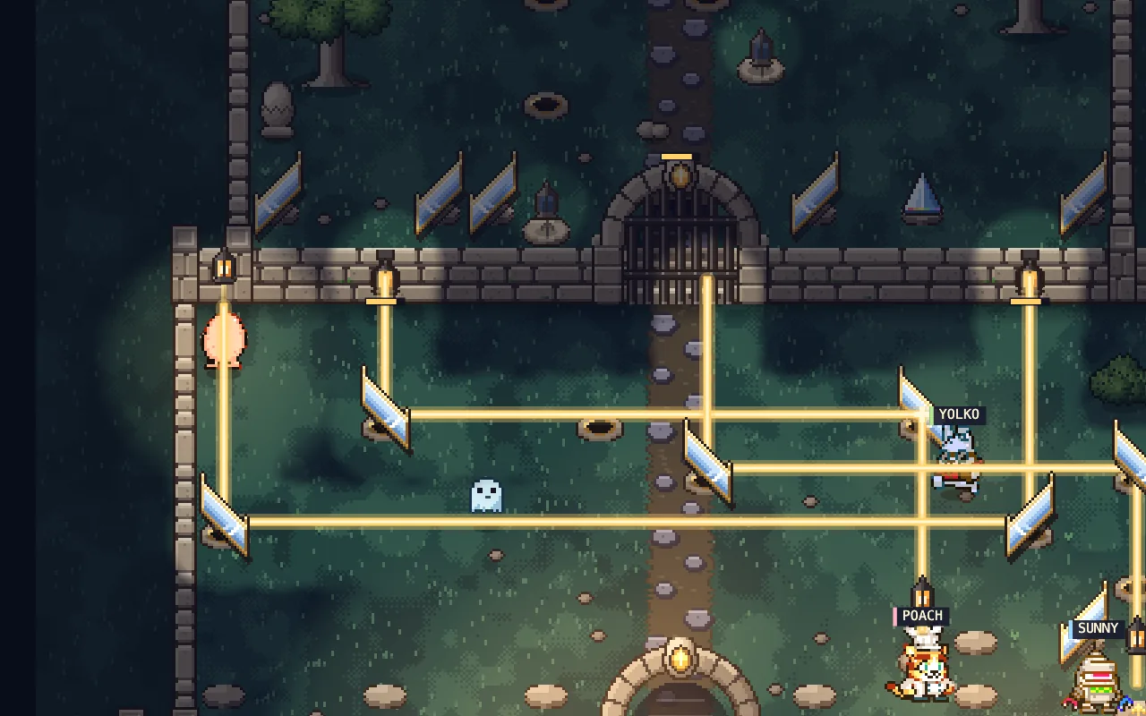 Lights Out gameplay: a crew of four eggs on a dark terrace, golden lantern light bouncing off standing mirrors into the lamps on the wall while a ghost shows in the light.