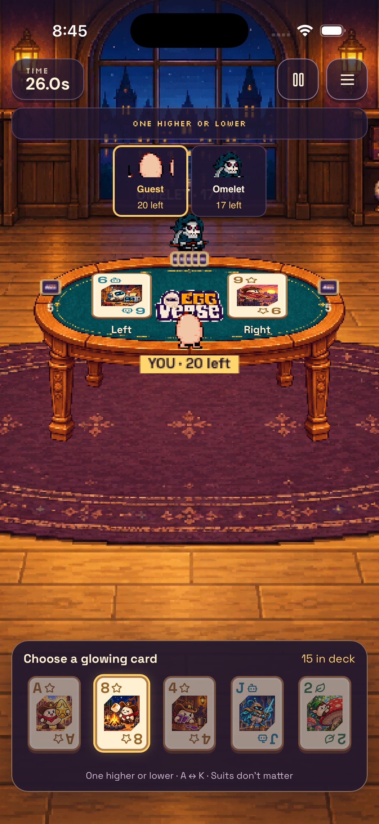 Speed solo practice in the Arcade app against Omelet: two centre piles and a five card hand.