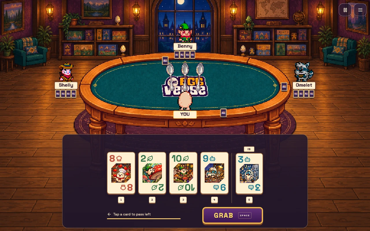 Spoons solo practice against bots with the incoming fifth card and spoons at the center of the table.