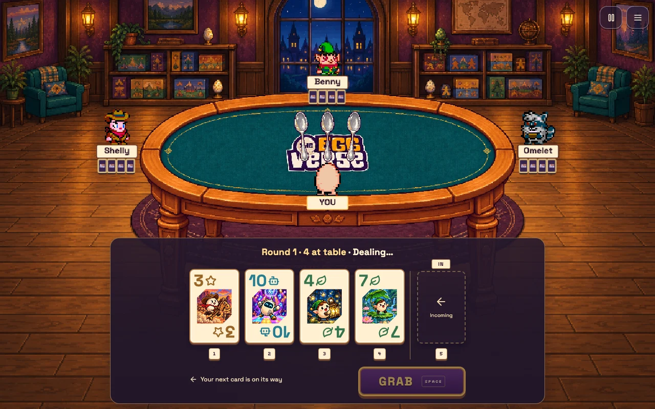 Spoons solo gameplay against bots: four cards in the hand and a fifth incoming card.