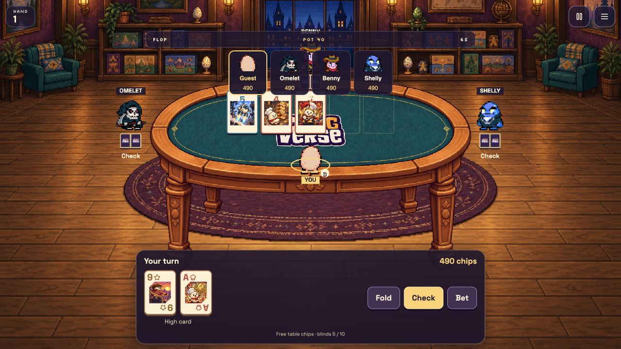 Texas Hold’em solo practice against three bots: three shared flop cards on the table and your private nine and ace below.