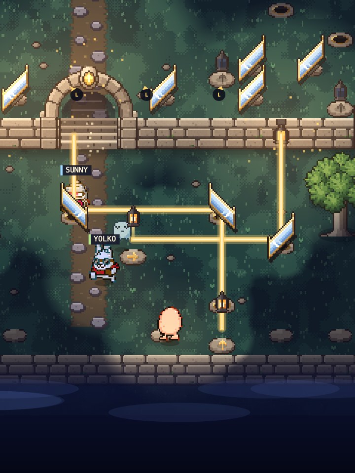 Lights Out gameplay: a crew of eggs on a moonlit terrace, golden beams bouncing off standing mirrors into the lamps on a stone wall as the arch above opens.