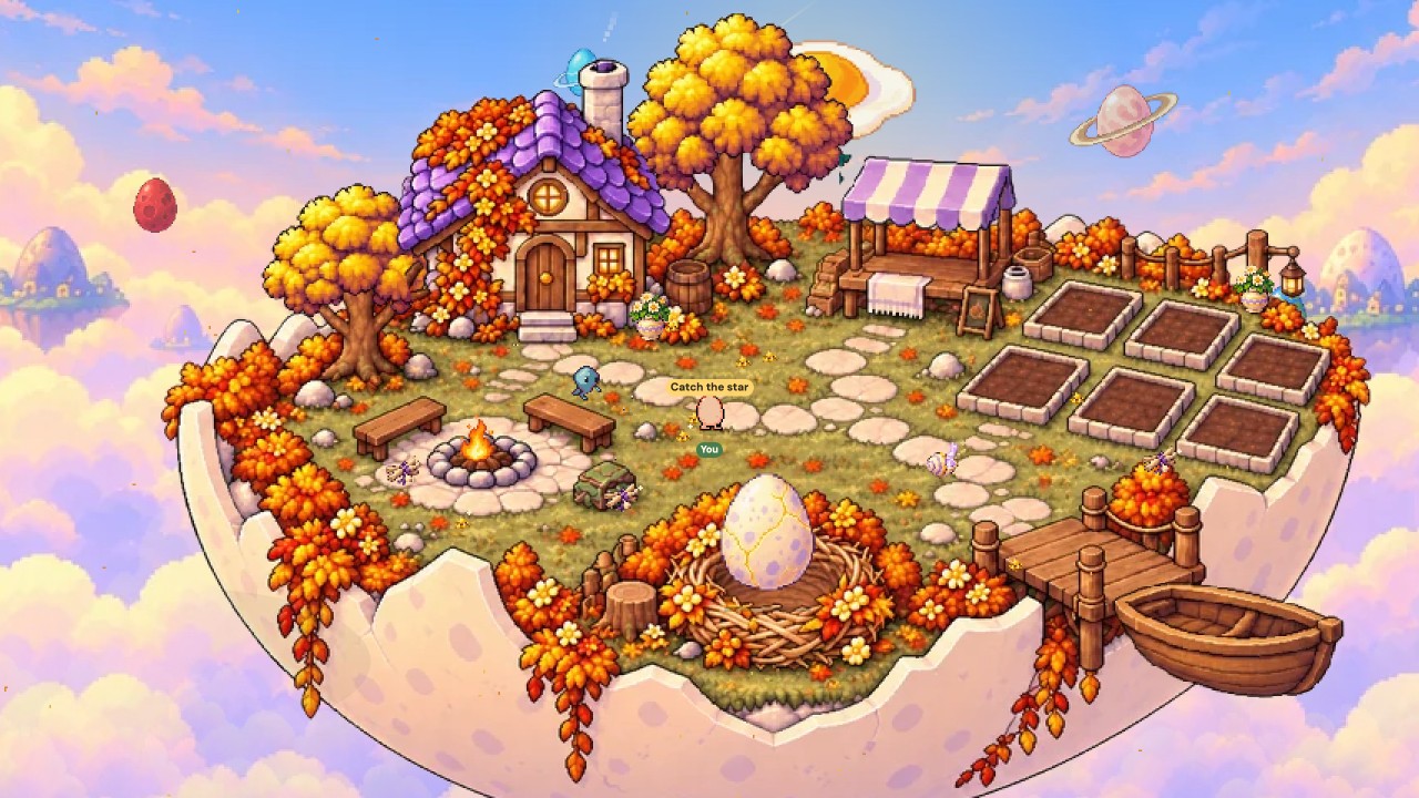 An autumn half eggshell island above the clouds, with a cottage, a market stall, six garden beds, a campfire, a skiff at the dock and a speckled Big Egg in its nest.