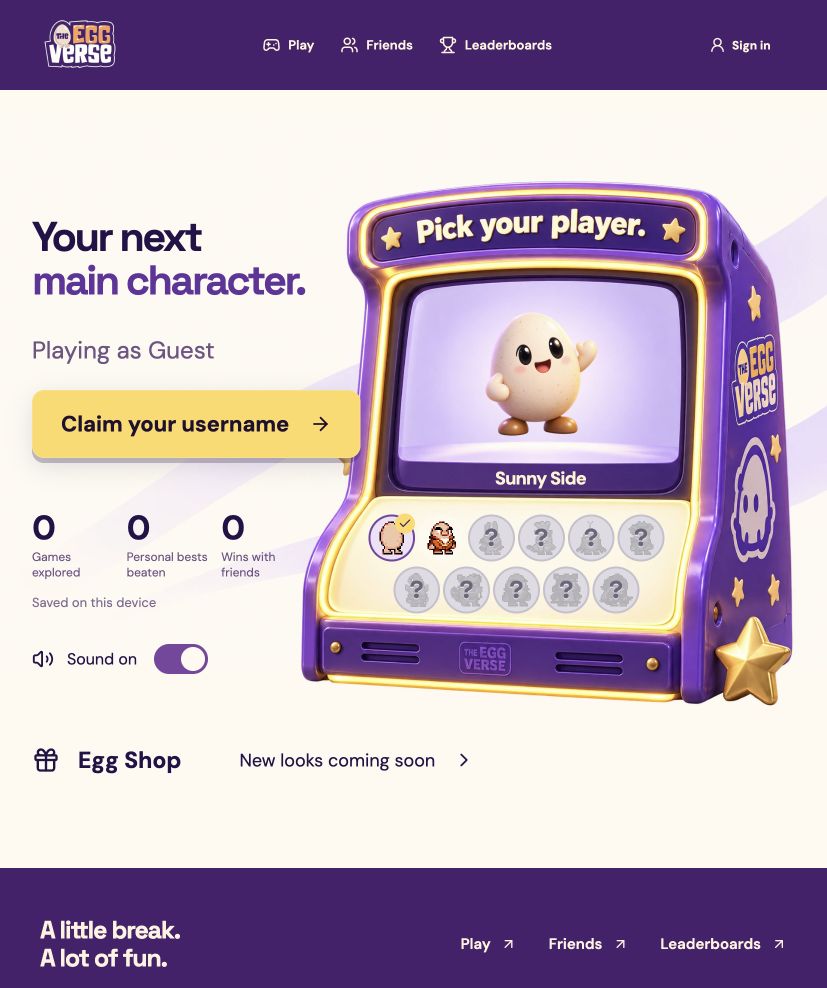 The EggVerse player cabinet with free character choices and personal progress.