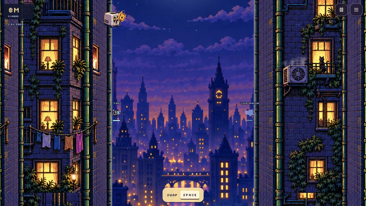 Live Shadow Step gameplay: the original egg runs along an apartment wall opposite its shadow, above a glowing nighttime city.