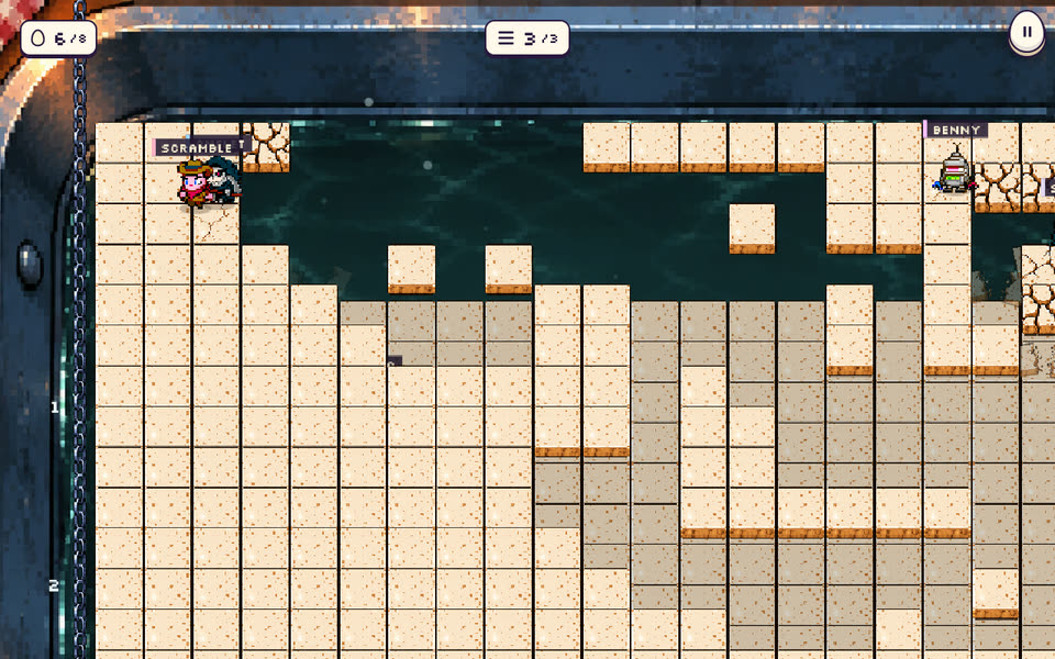 Crackle Floor preview: four eggs on a cream tiled floor full of holes, with the grey floor below showing through the gaps.