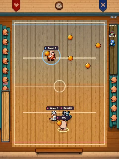 Dodge Yolk preview: red and blue eggs face each other across the centre line of a wooden gym court, with orange yolk balls on the floor and benched players at the side.