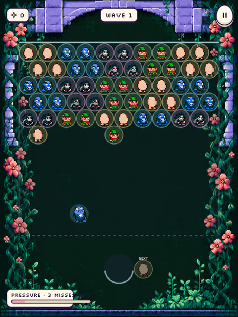 Egg Pop: rows of costumed eggs hang under a vine covered stone arch while a shot flies up and three green hatted eggs fall away.
