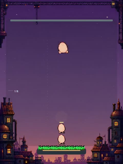 Egg Stack preview: an egg falls from a rail at the top of the screen toward a short tower of eggs on a grassy platform, above a dusky town skyline.