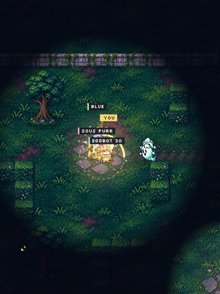 Lights Out preview: four eggs huddle on a lit stone path in a dark garden while a pale ghost floats at the edge of the light.