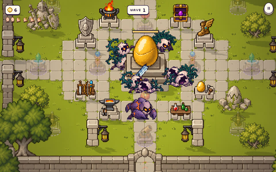Shellbound preview: eggs with a greatsword and other weapons stand around a glowing golden relic on a stone dais, with shop stations around the yard and the south gate below.