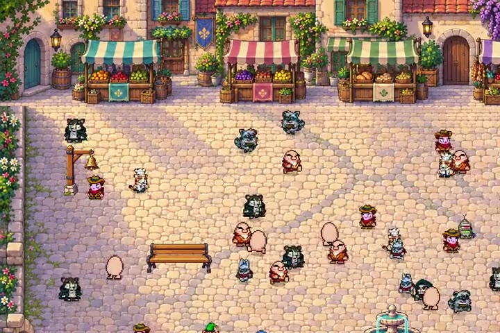Incognitegg preview: a cobbled market square lined with fruit stalls under striped awnings, crowded with egg shoppers in assorted costumes around a bench and a bell post.