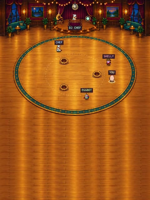 Actual Musical Nests gameplay preview showing eggs in the ballroom with nests around the floor.