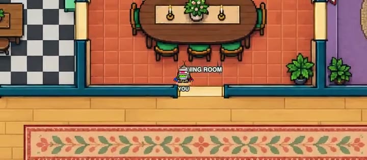 Bad Egg preview: an egg labelled You stands in the doorway below the dining room table in a top down pixel art house, with a long patterned rug in the hallway.