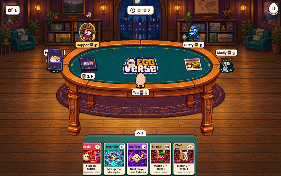 Rotten Luck preview: four eggs around a green card table, each holding six cards, with a draw pile of thirty cards in the middle.