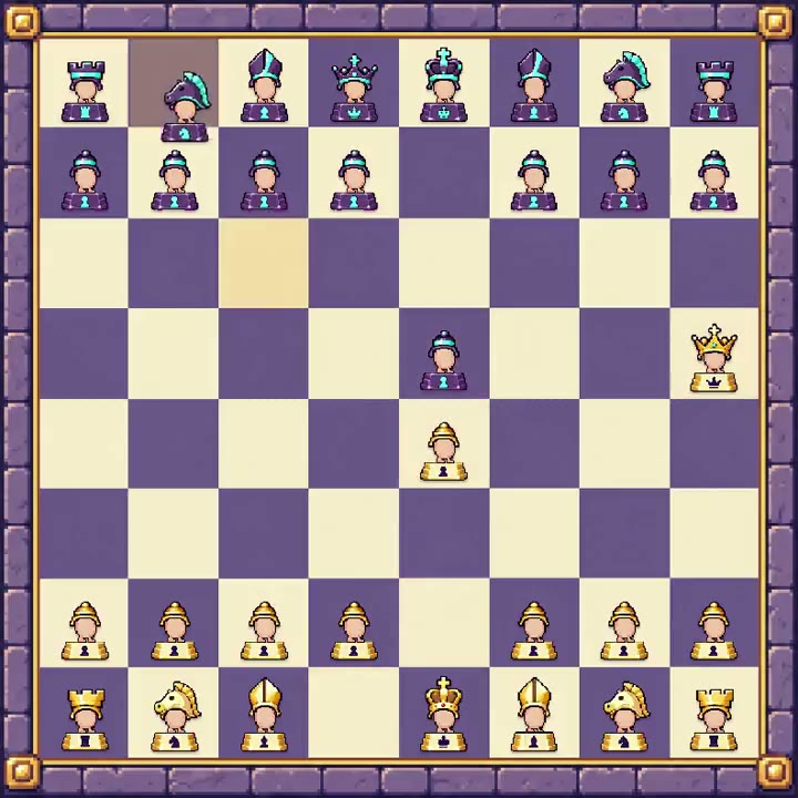 Royal Shells preview: egg shaped chess pieces in gold and purple on a cream and violet board, a few moves into a game.