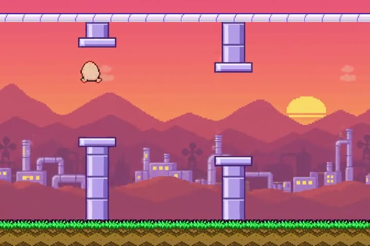 Egg on the Run preview: an egg flies toward a gap between purple pipes against a sunset sky over a pixel art factory town.