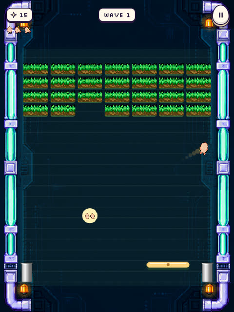 Shellbreaker preview: rows of grassy bricks at the top of a dark tech frame, an egg in flight and a paddle at the bottom left.