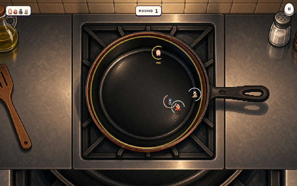 Yolk Sumo preview: a dark skillet seen from above, with your egg near the middle and three rival eggs bunched together lower down.
